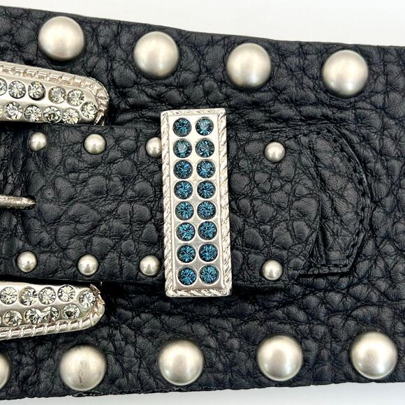 Vintage Leatherock Wide Hip Belt L Black Leather Rhinestone Studded Y2K Rockstar main image 15